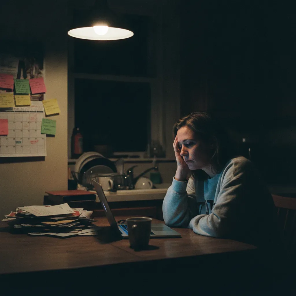 Exhausted woman at kitchen table symbolizing need for a vacation home rental in Santa Clara