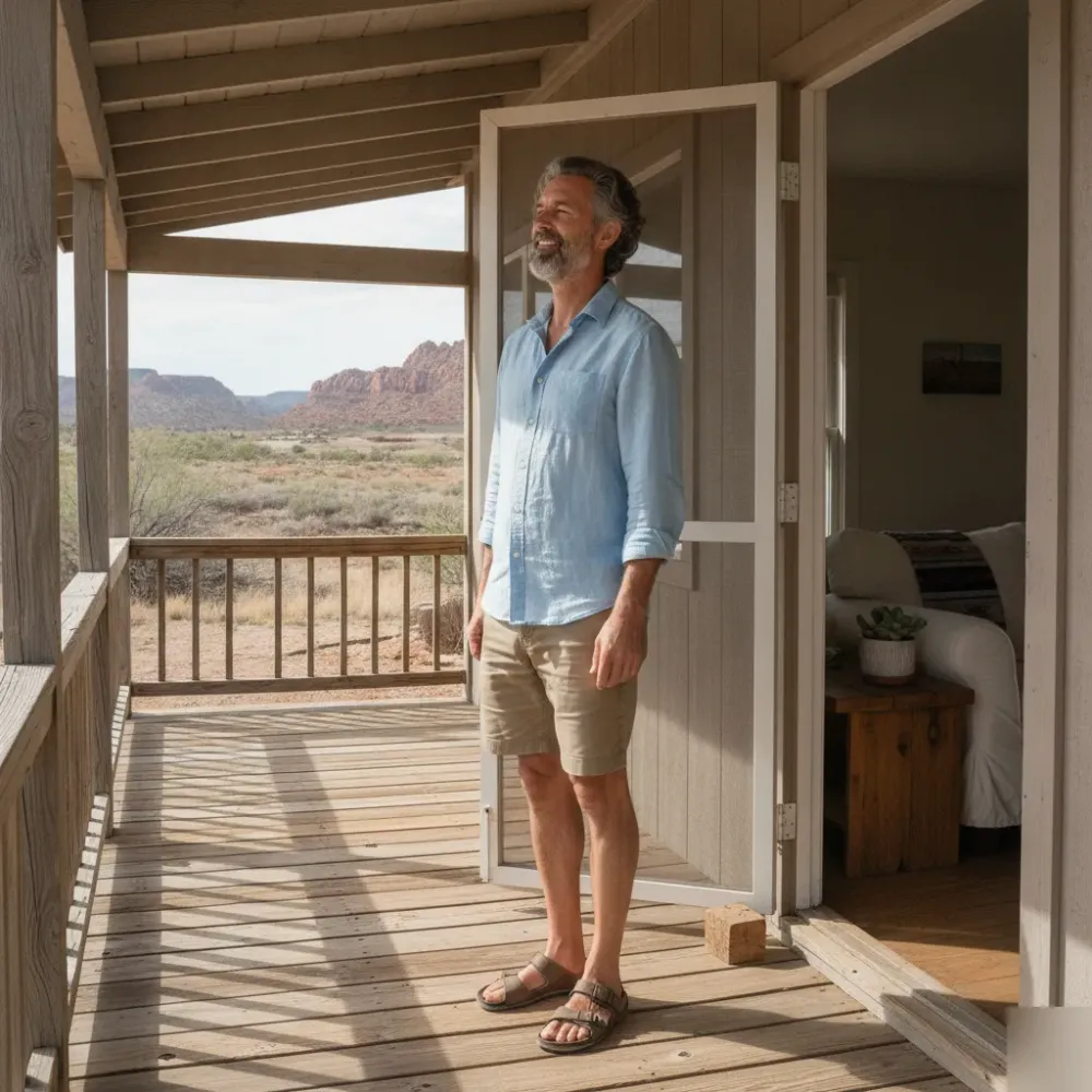 vacation-rental-porch-relaxation-santa-clara-utah Man relaxing on vacation rental porch after booking Santa Clara getaway to recover from burnout