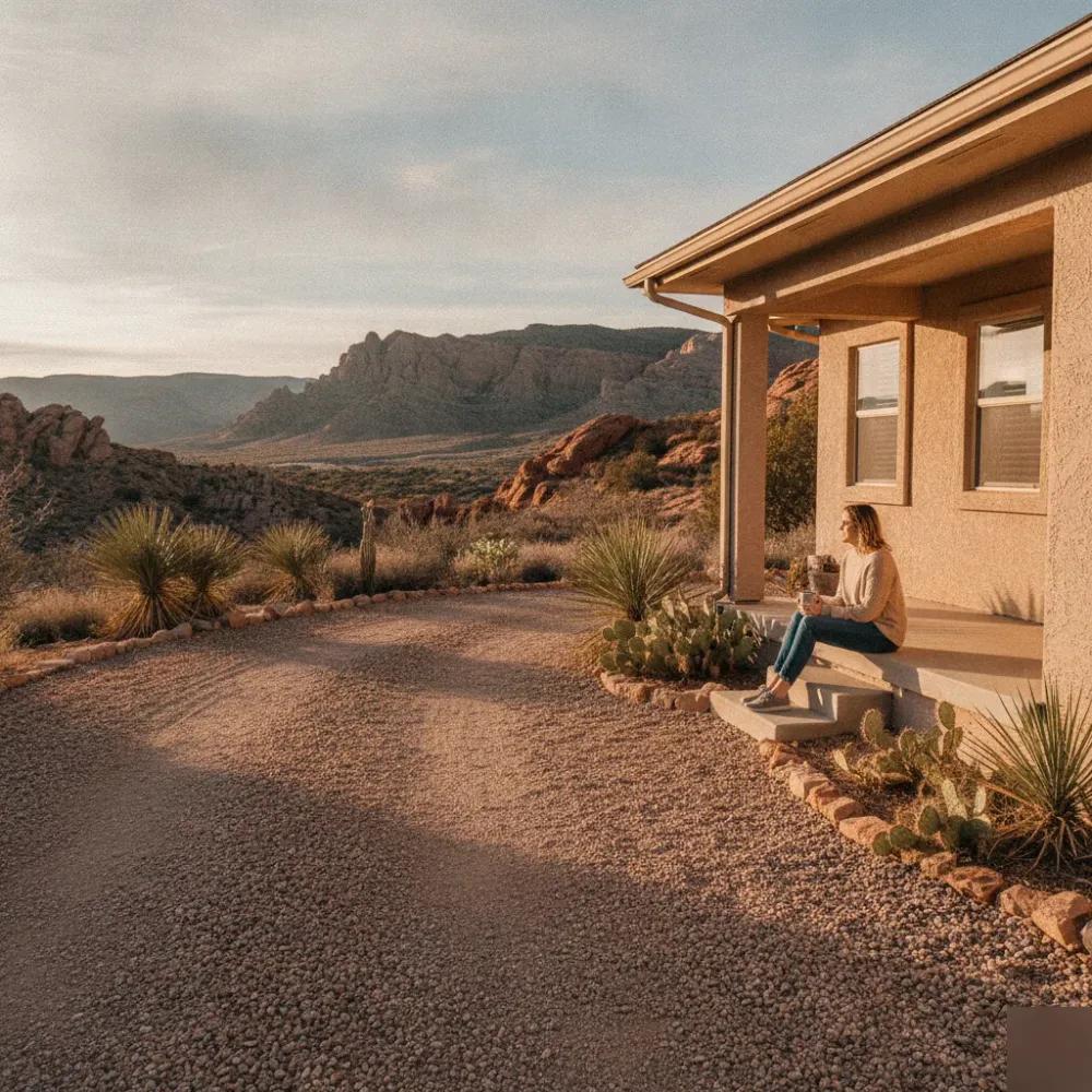 vacation-rental-desert-home-santa-clara-utah-context Woman relaxing outside Santa Clara Utah vacation rental home surrounded by desert scenery