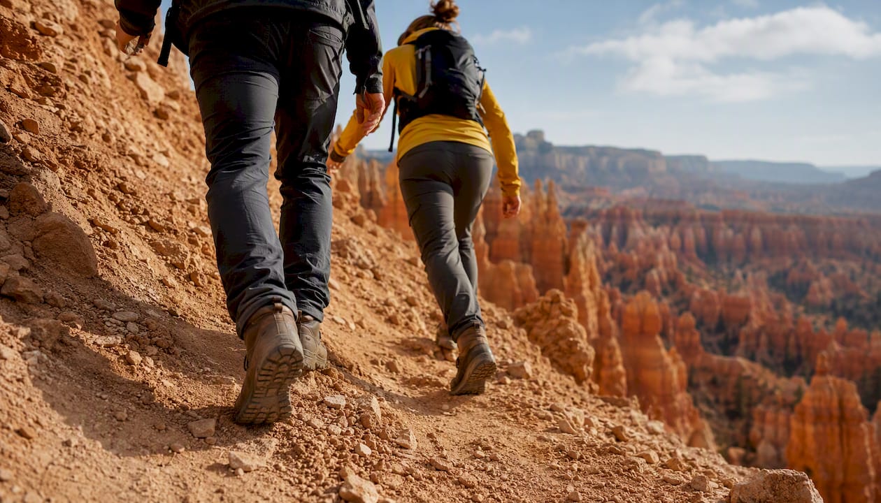 Hikers walking Navajo Loop trail amid hoodoos