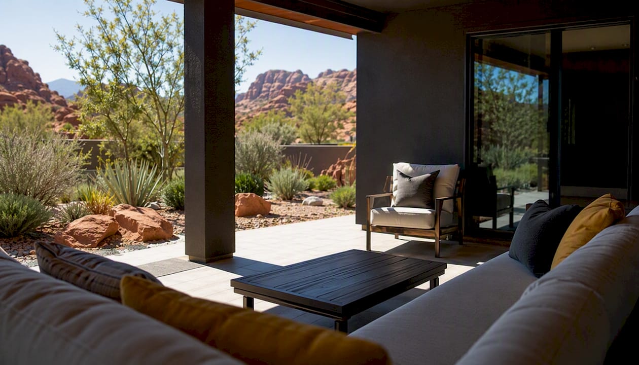 Shaded patio seating area at desert vacation rental