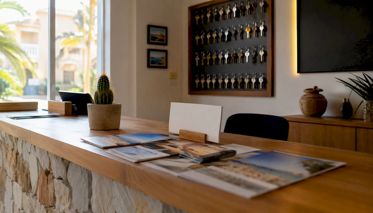 Local property manager office with brochures and keys