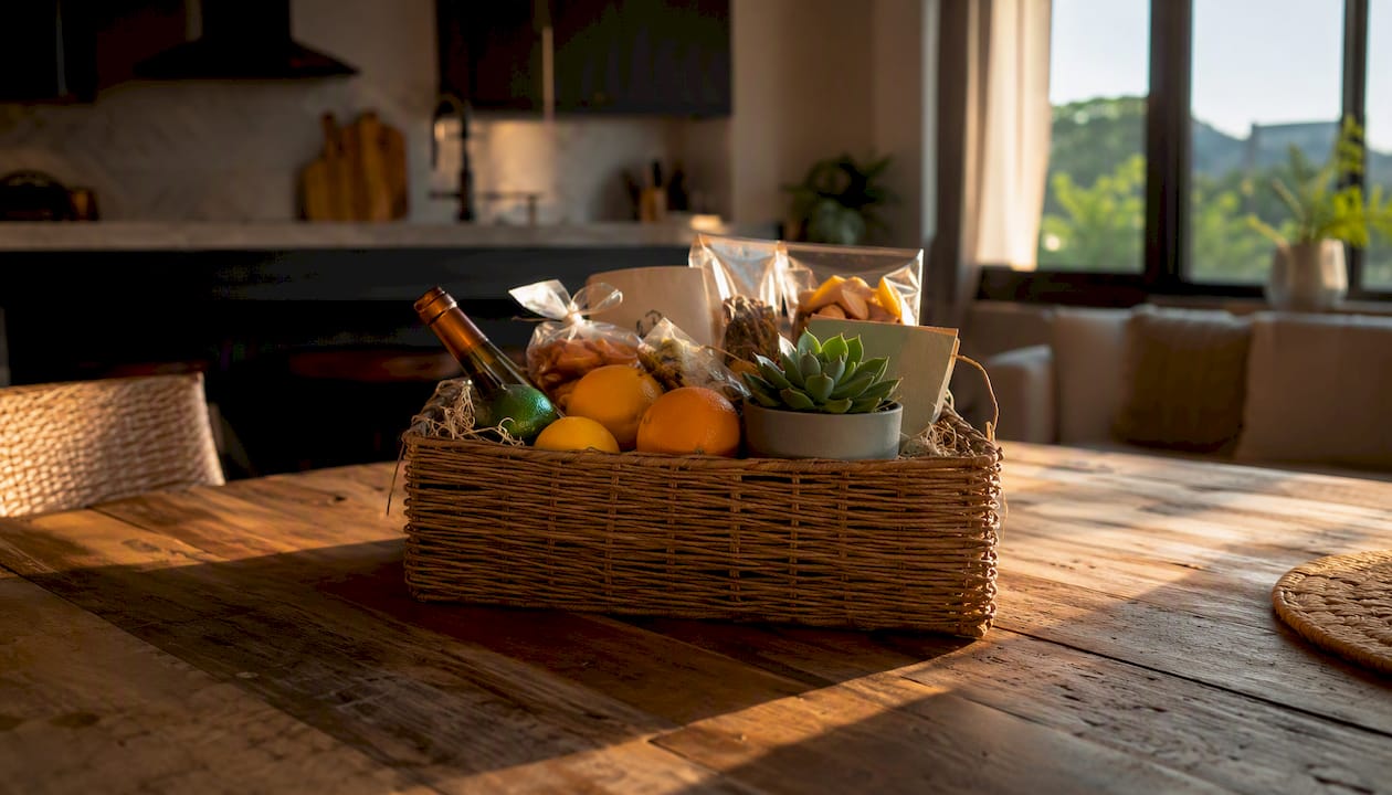 Welcome basket on vacation rental kitchen counter