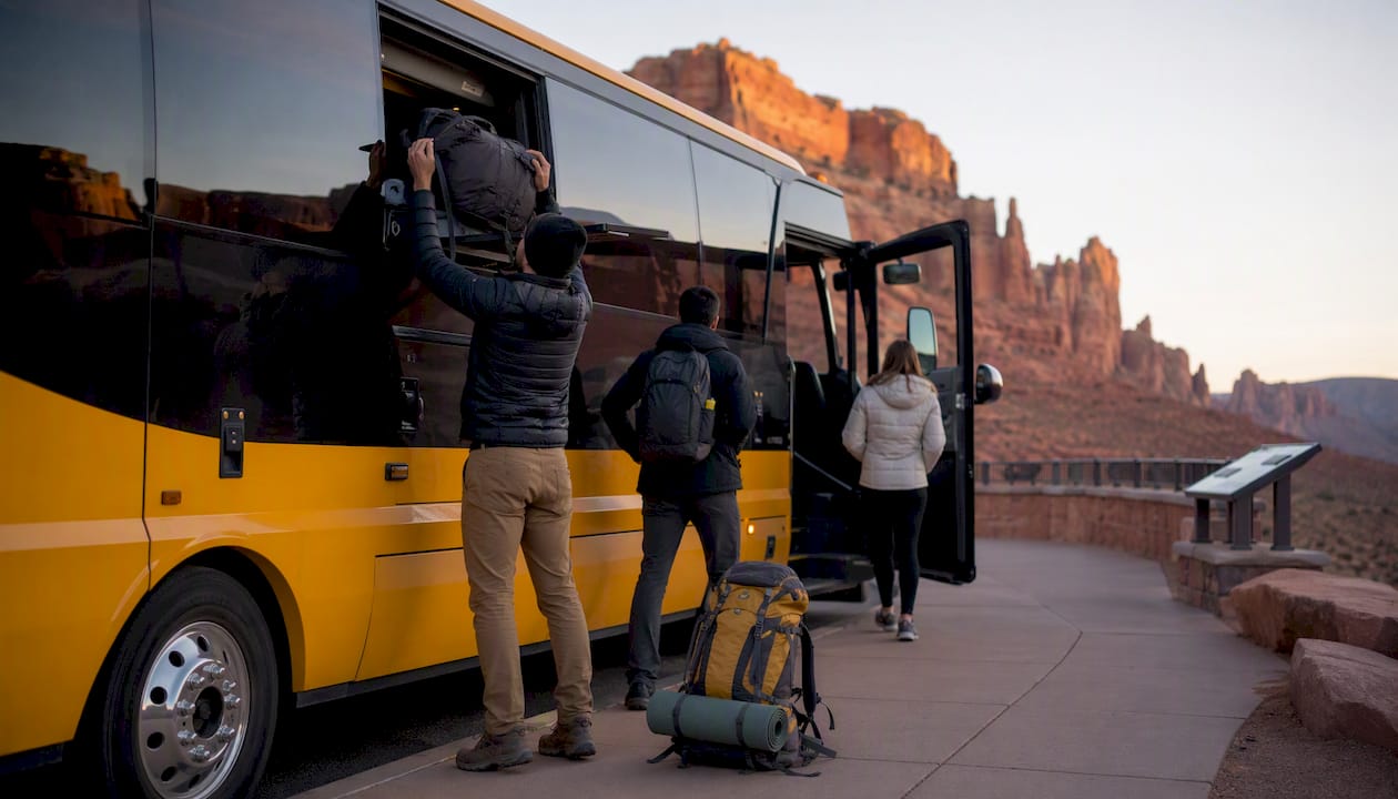 Shuttle bus boarding passengers with luggage