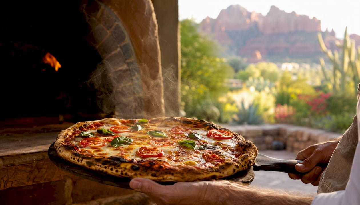 Fresh wood-fired pizza out of oven