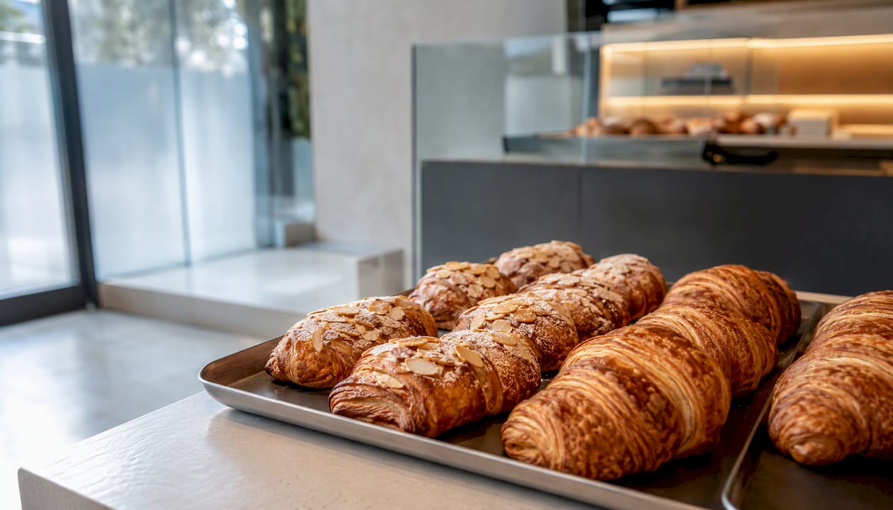 Tray of fresh laminated croissants in bakery