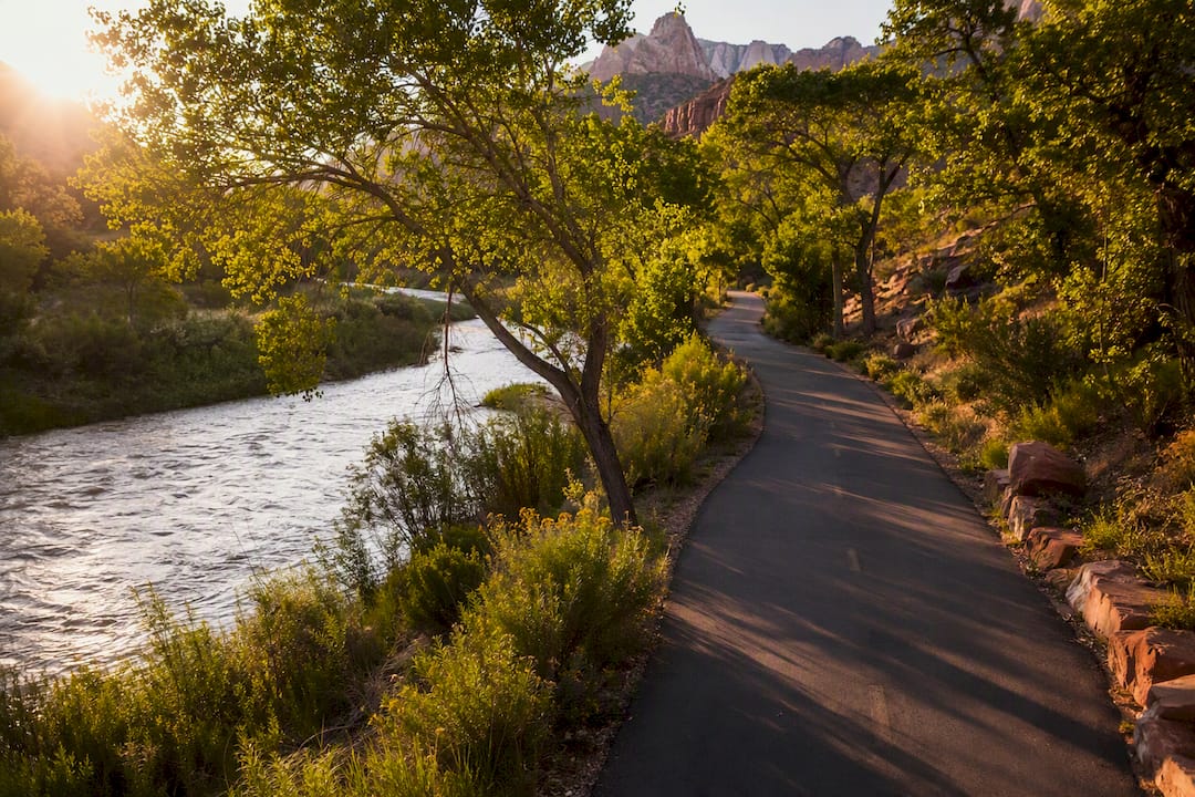 Virgin River Parkway paved trail next to river and trees