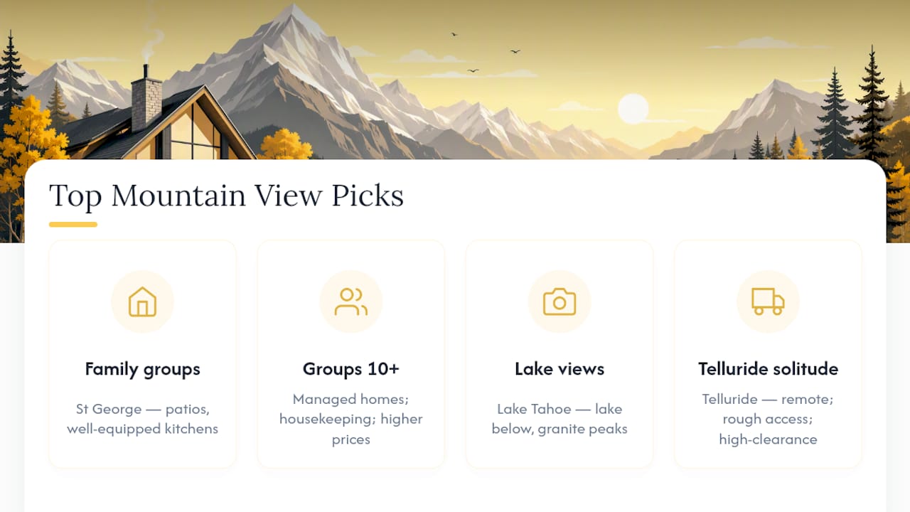 Diagram comparing mountain view vacation rentals by key criteria