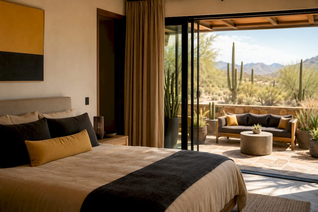 Vacation home bedroom and patio view
