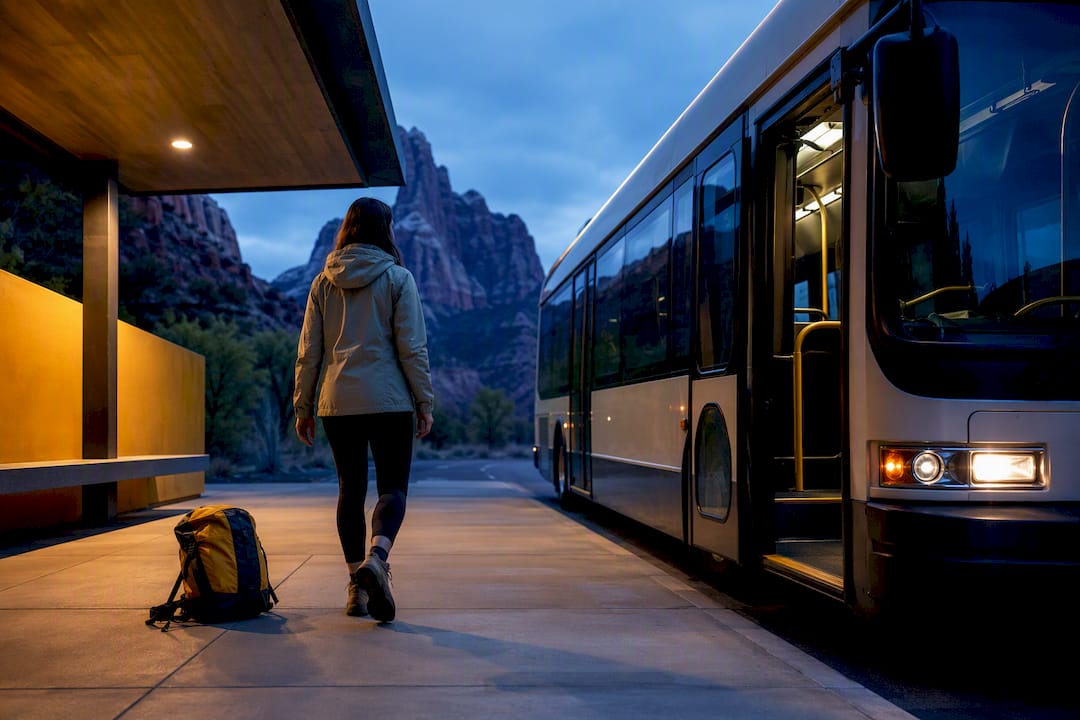 Early shuttle arriving at Zion stop