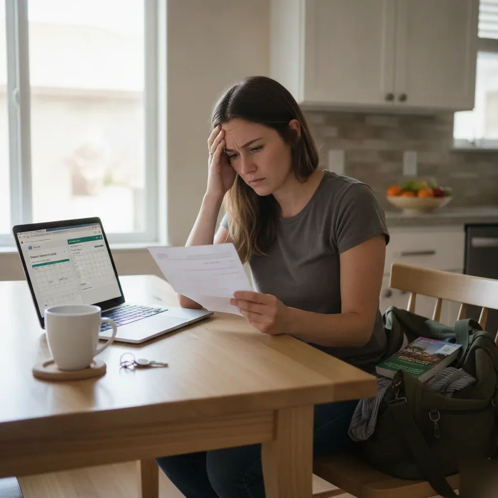 Traveler comparing vacation rental alternative sites in a Santa Clara rental home kitchen