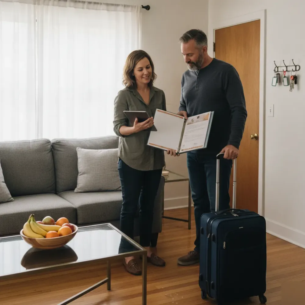 Property manager reviewing rental guide with guest in Santa Clara vacation rental living room