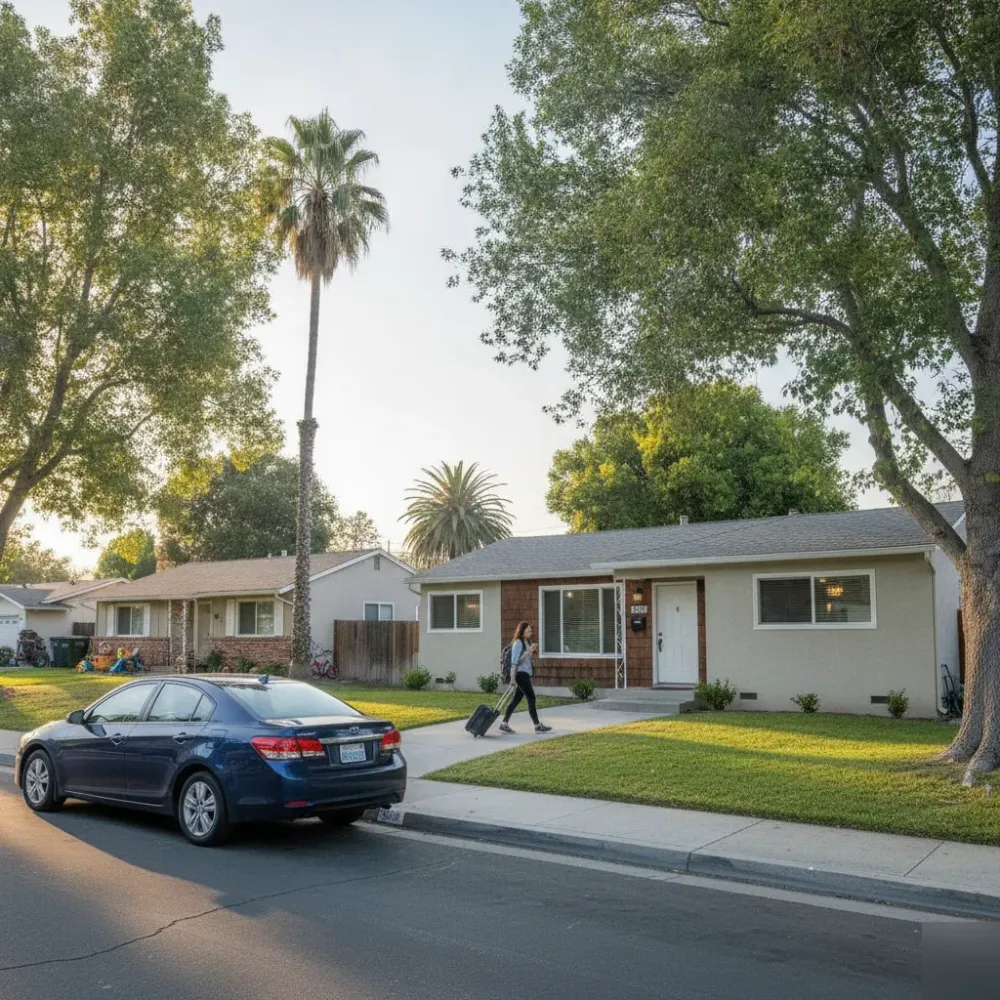 Traveler arriving at a Santa Clara neighborhood vacation rental home in the afternoon