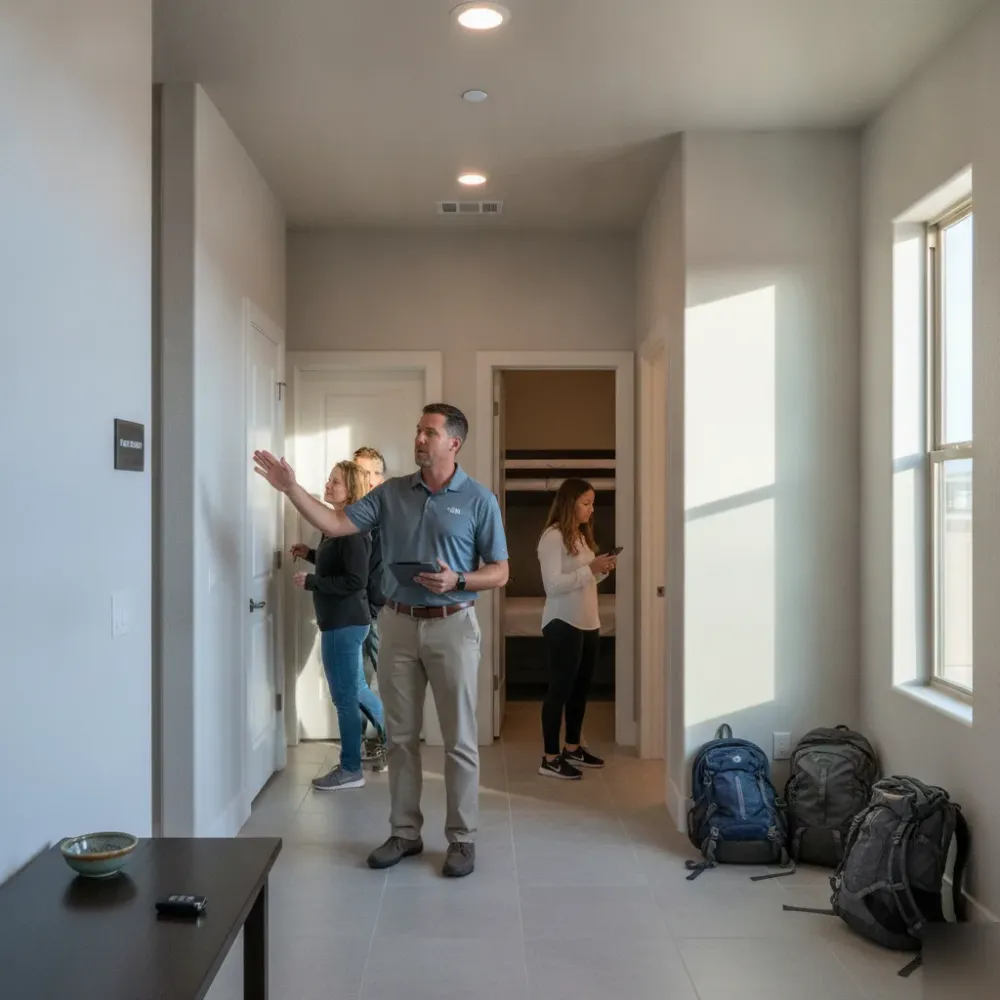 privacy-layout-bedroom-wing-santa-clara-rental Property manager showing privacy layout in Santa Clara ten-person rental home