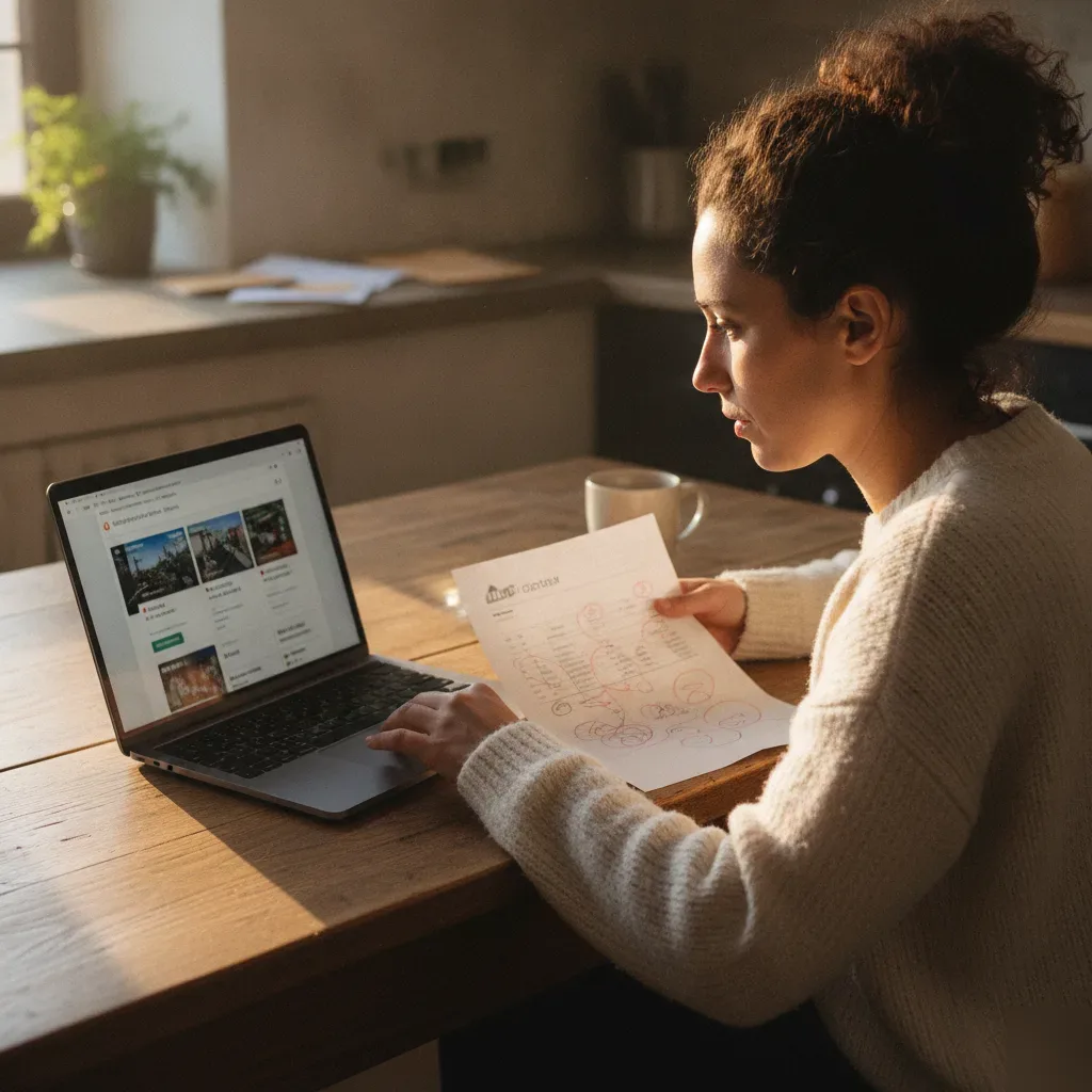 Traveler comparing vacation rental prices near Santa Clara on a laptop at home