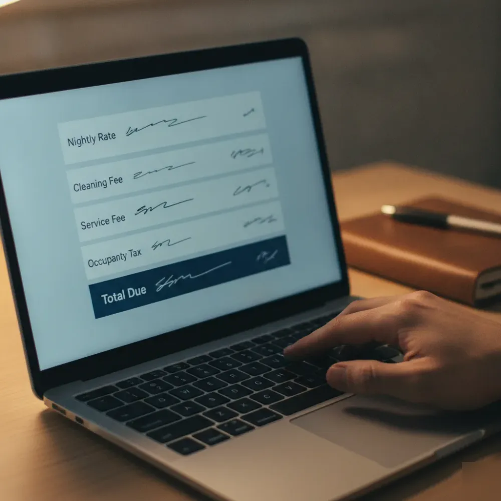 Close-up of vacation rental checkout screen showing itemized fees near Santa Clara