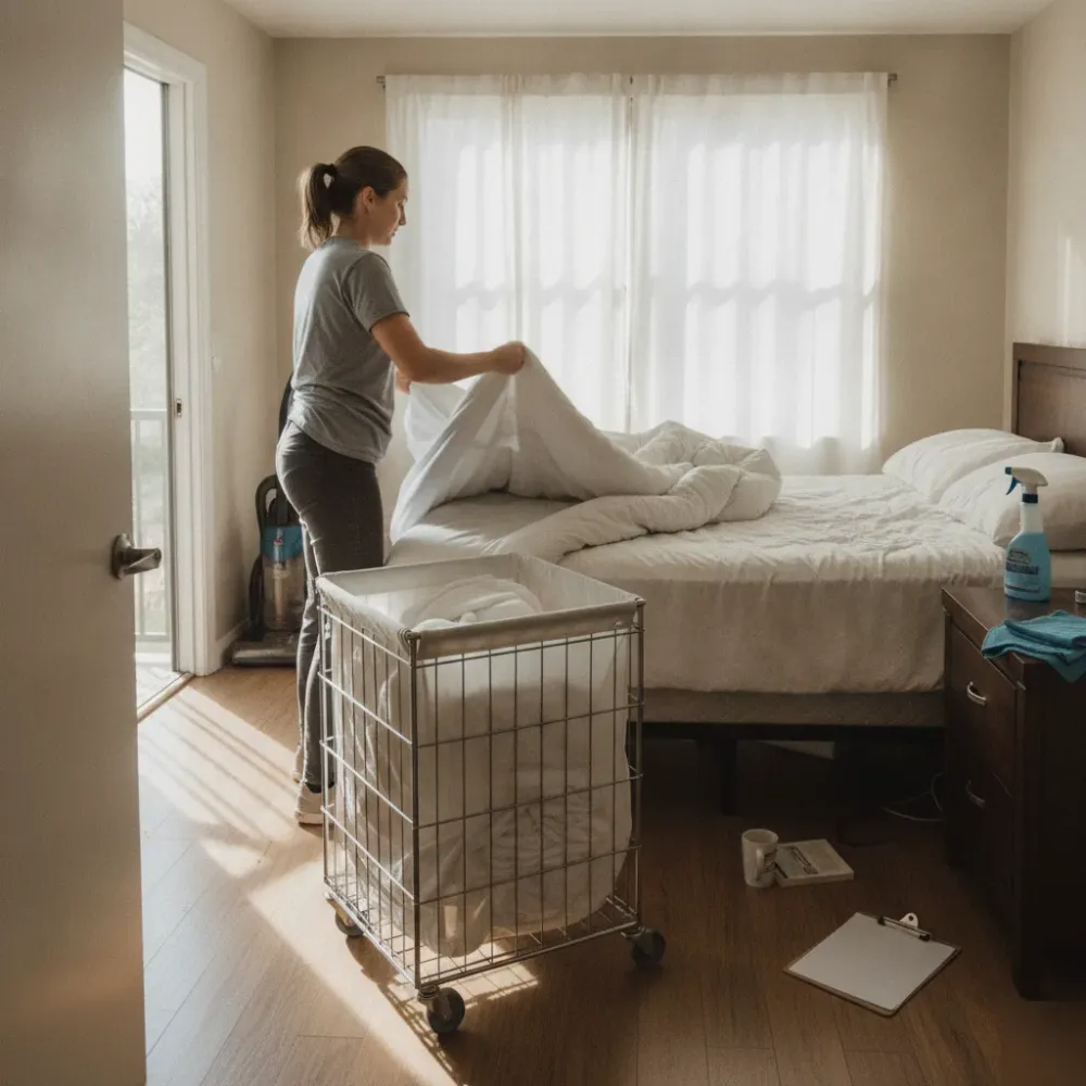vacation-rental-cleaning-fee-turnover-santa-clara Cleaner changing linens and resetting a Santa Clara vacation rental between guests