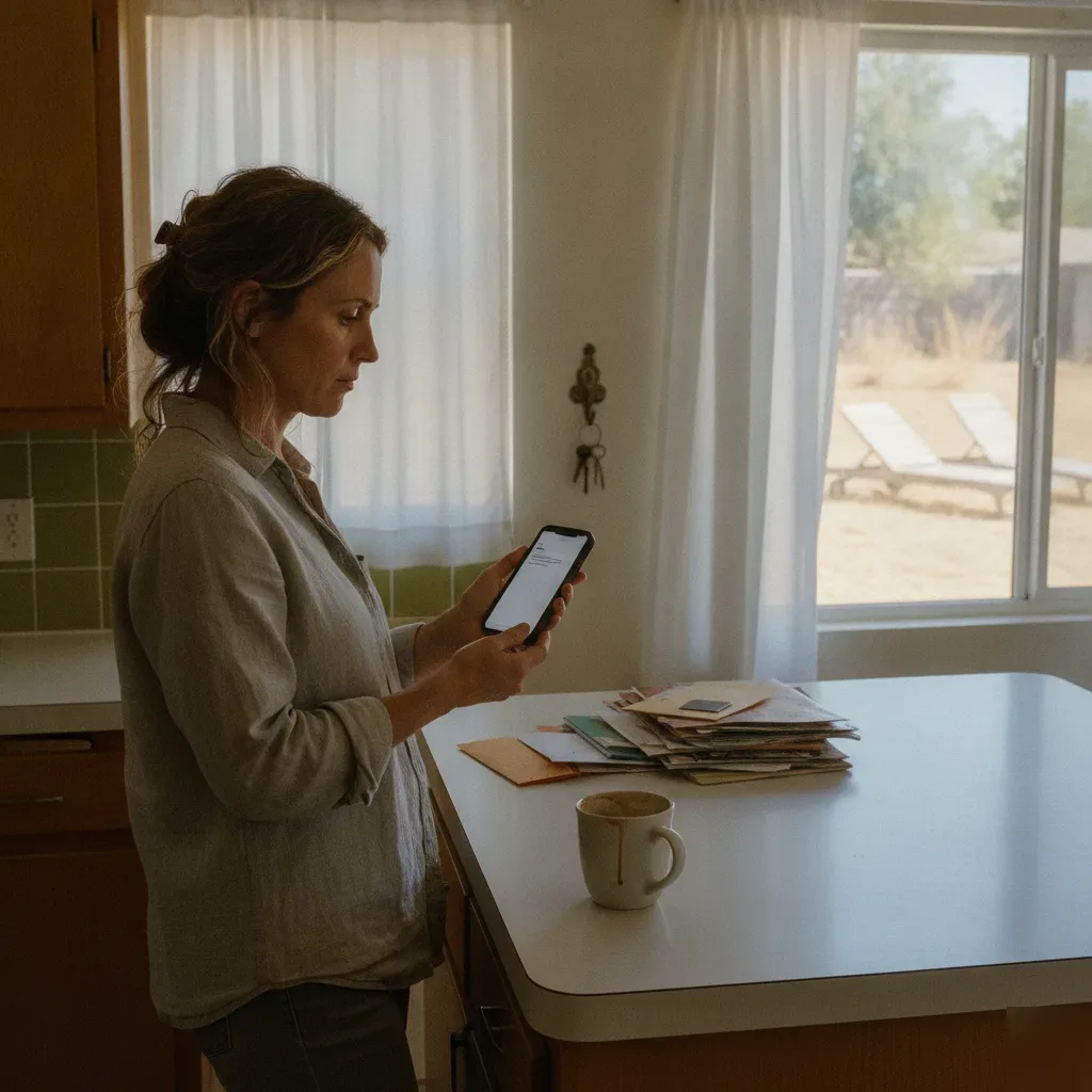 Santa Clara vacation rental owner checking guest messages in kitchen with visible clutter