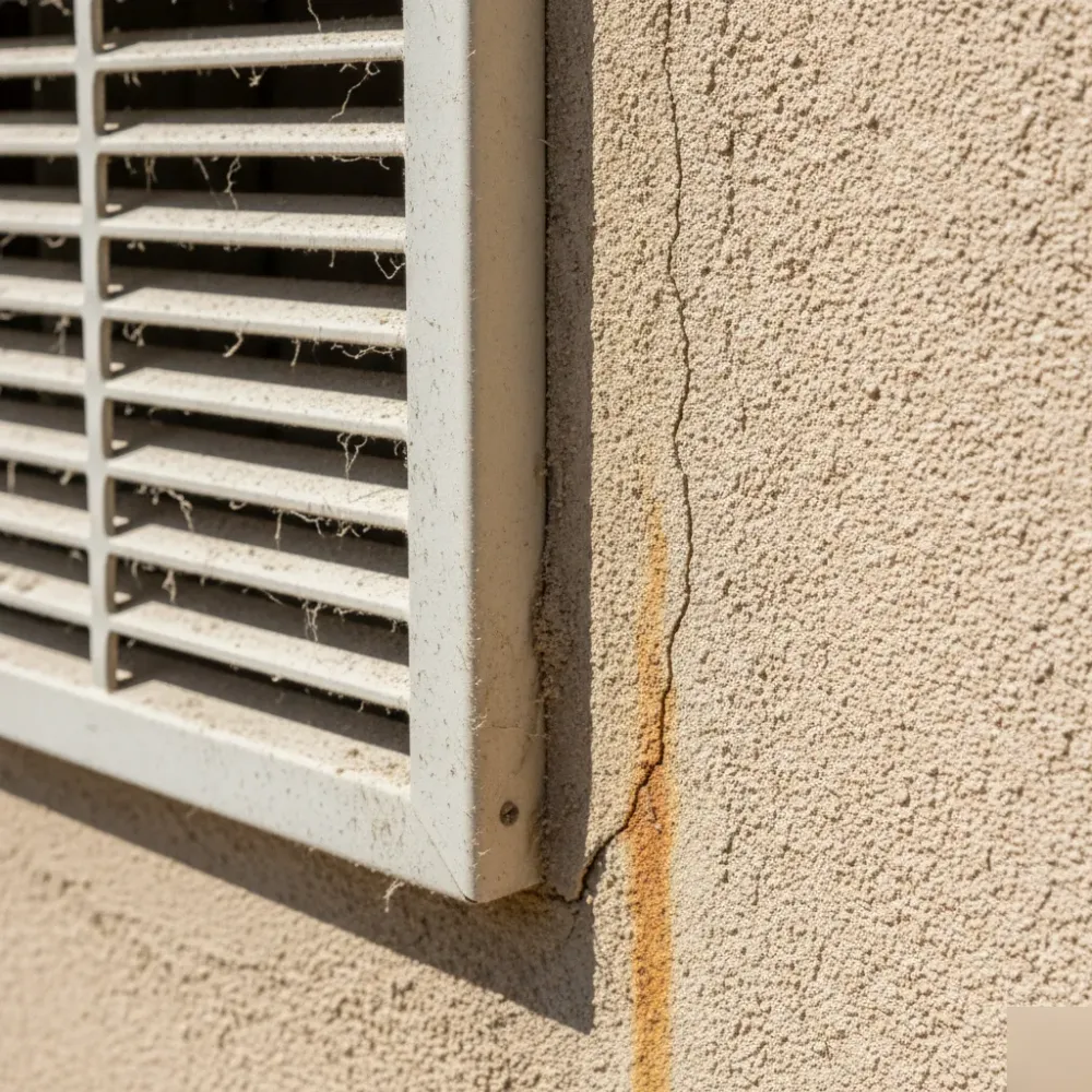 desert-climate-maintenance-stucco-crack-vent-santa-clara Cracked stucco and dusty vent showing desert climate wear on Santa Clara rental home