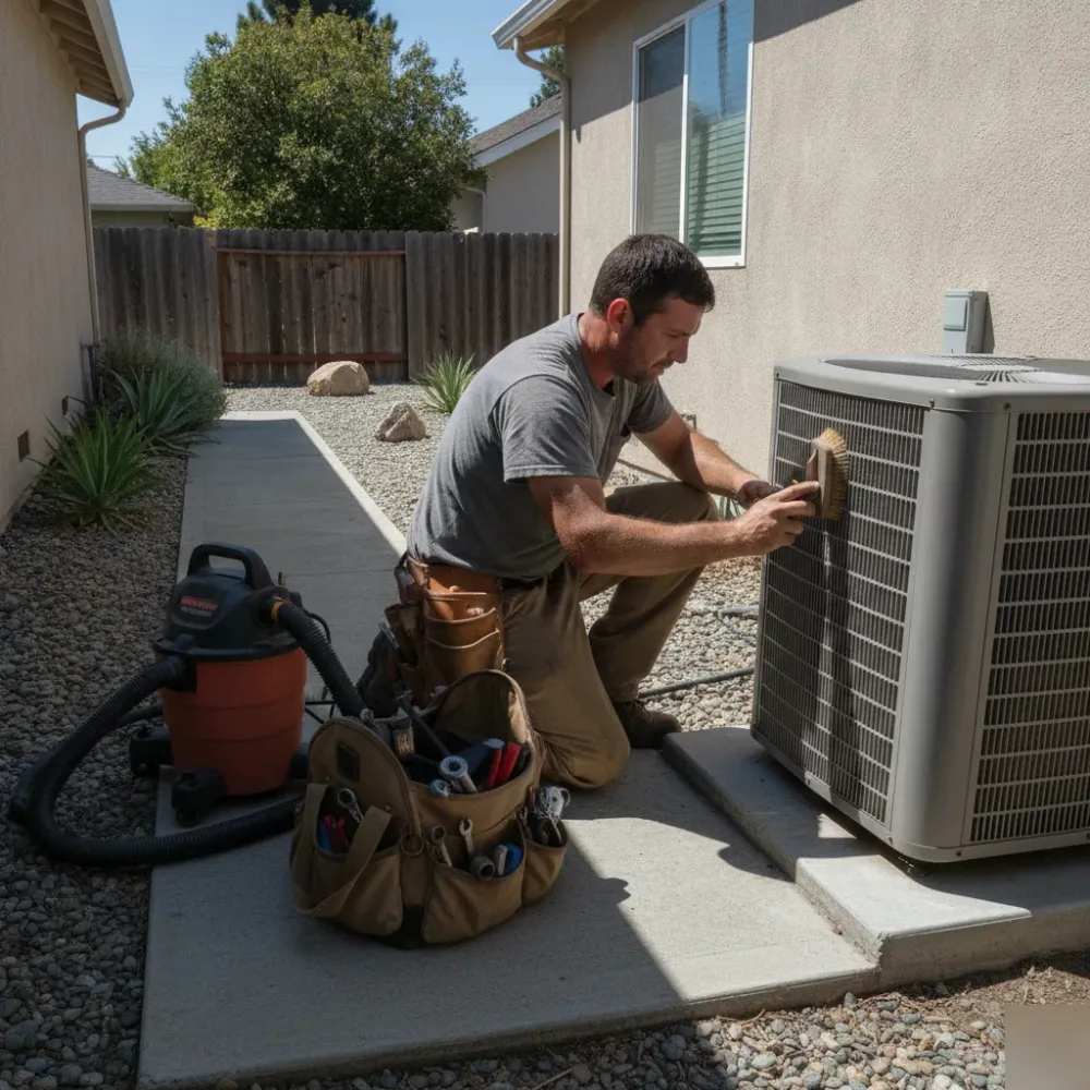 hvac-maintenance-condenser-cleaning-santa-clara-rental Maintenance worker cleaning HVAC condenser coils at Santa Clara vacation rental