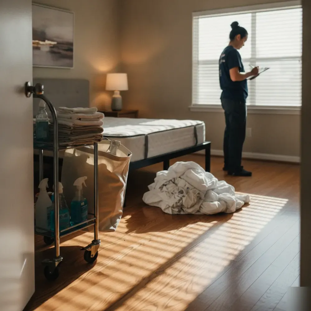 guest-turnover-cleaning-bedroom-santa-clara-rental Vacation rental bedroom turnover with cleaning cart and stripped linens in Santa Clara