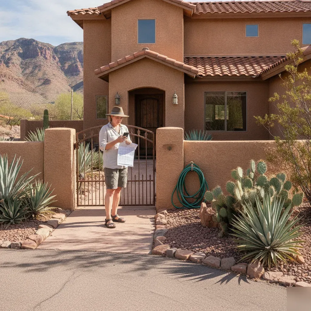 Traveler checking vacation rental booking calendar outside Santa Clara Utah red rock home