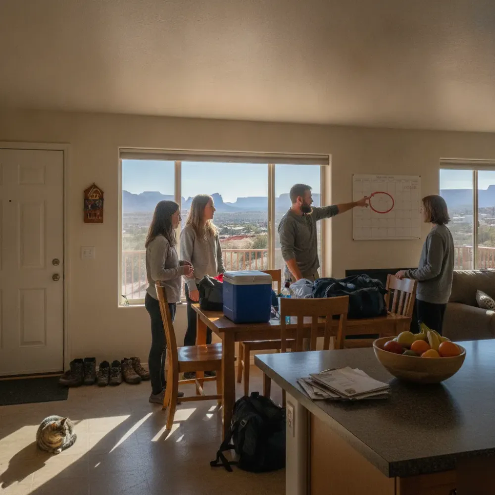 seasonal-booking-timeline-family-vacation-rental-santa-clara Family settling into Santa Clara Utah vacation rental after booking during peak season