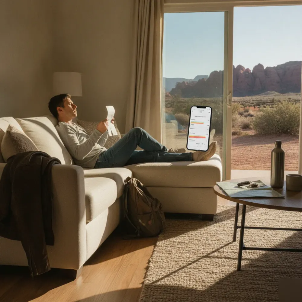 total-cost-breakdown-vacation-rental-relief-santa-clara Traveler reviewing itemized total cost breakdown in Santa Clara vacation rental living room