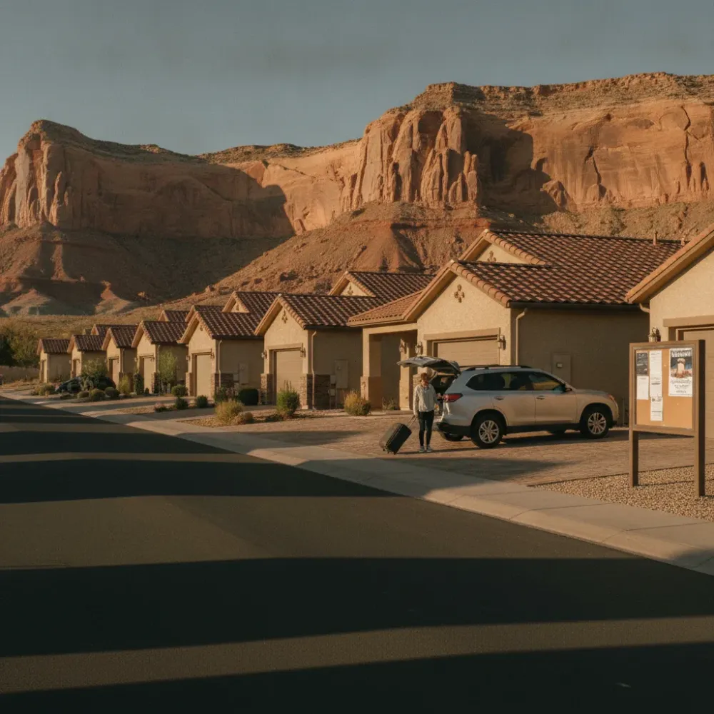 santa-clara-vacation-rental-neighborhood-event-demand-context Vacation rental neighborhood in Santa Clara Utah near red rock cliffs and local event signage