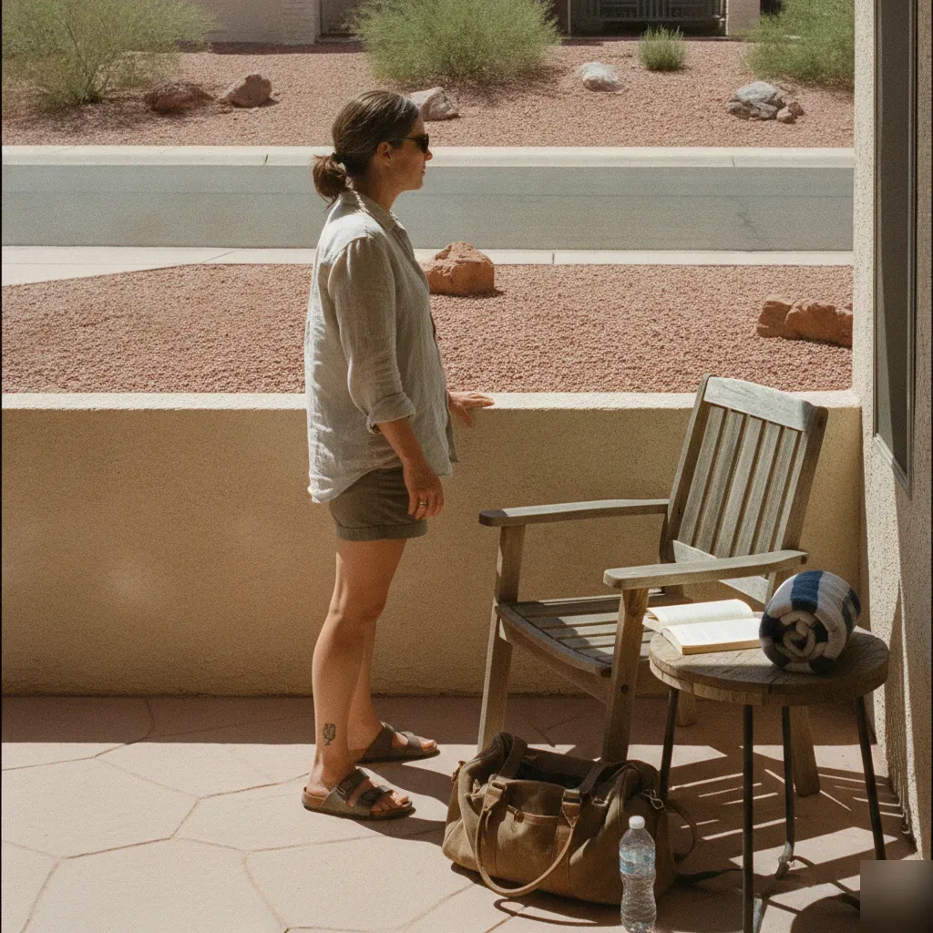 Guest inspecting patio seating at a Santa Clara vacation rental near red rock terrain
