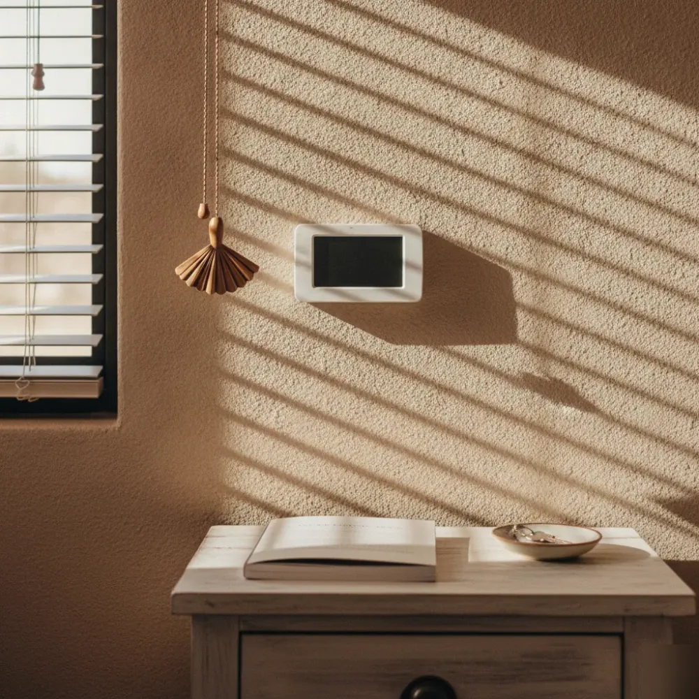 desert-heat-thermostat-cooling-control-santa-clara-rental Thermostat and cooling controls inside a Santa Clara desert vacation rental bedroom