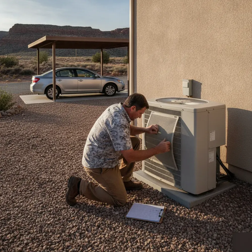 vacation-rental-maintenance-cooling-vent-santa-clara Host adjusting cooling vent outside a Santa Clara vacation rental before guest arrival