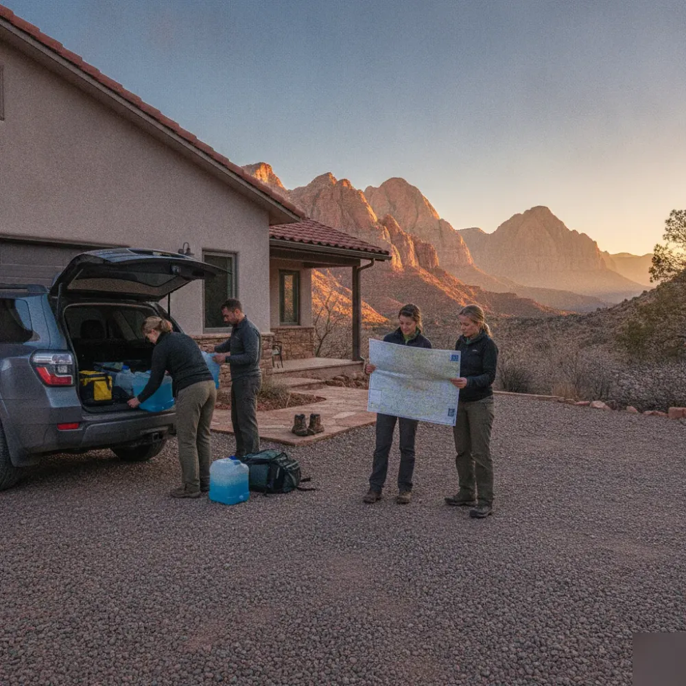 zion-national-park-trip-planning-santa-clara-rental Travelers packing for a Zion trip outside a Santa Clara vacation rental at sunrise